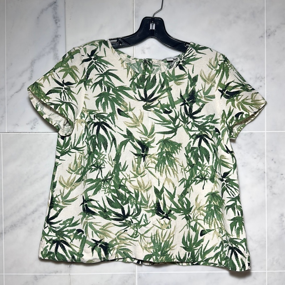 J Jill Linen Top Button Back Short Sleeves Bamboo PrintGreen size SP